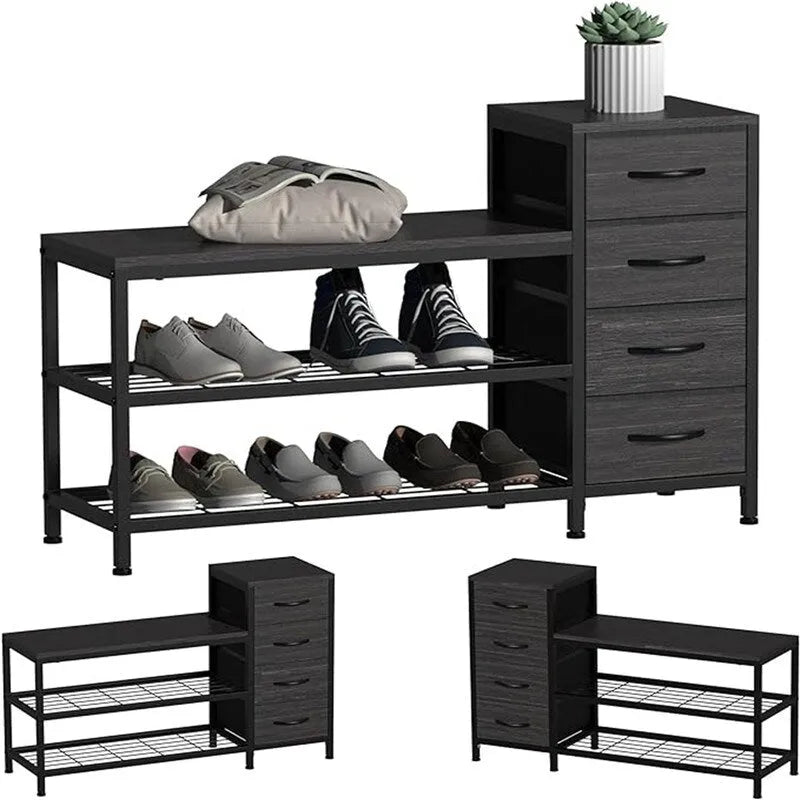 Banc à chaussures 3 niveaux avec 4 tiroirs noir charbon / marron rustique