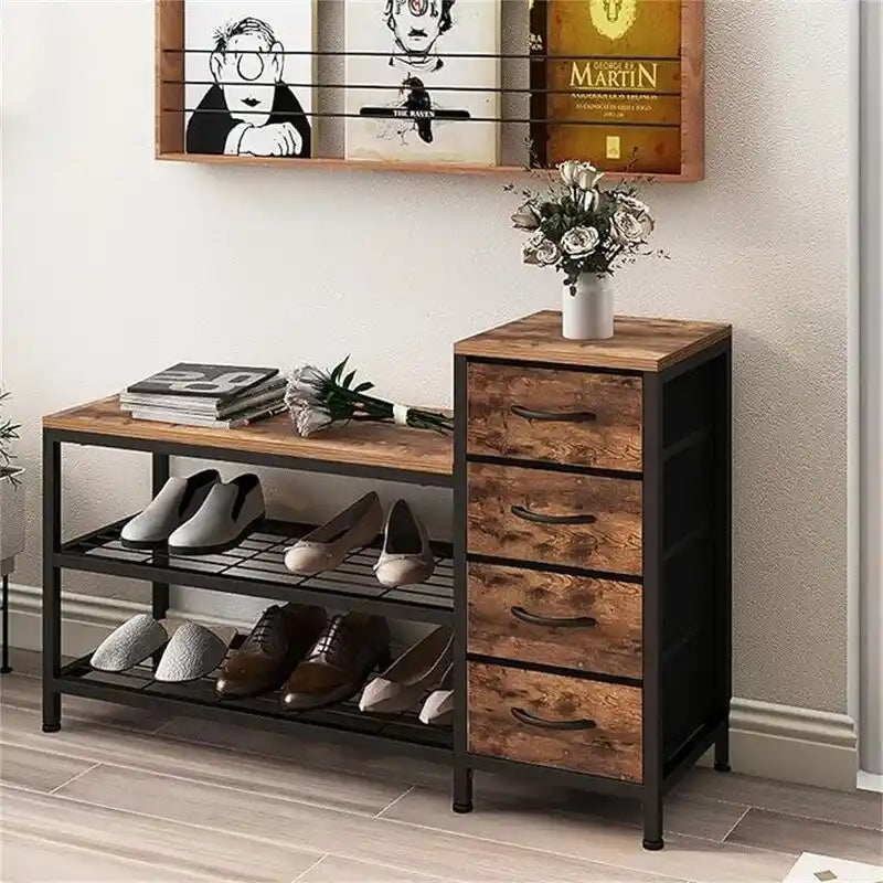 Banc à chaussures 3 niveaux avec 4 tiroirs noir charbon / marron rustique