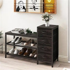 Banc à chaussures 3 niveaux avec 4 tiroirs noir charbon / marron rustique