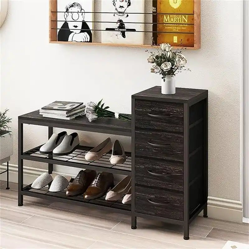 Banc à chaussures 3 niveaux avec 4 tiroirs noir charbon / marron rustique