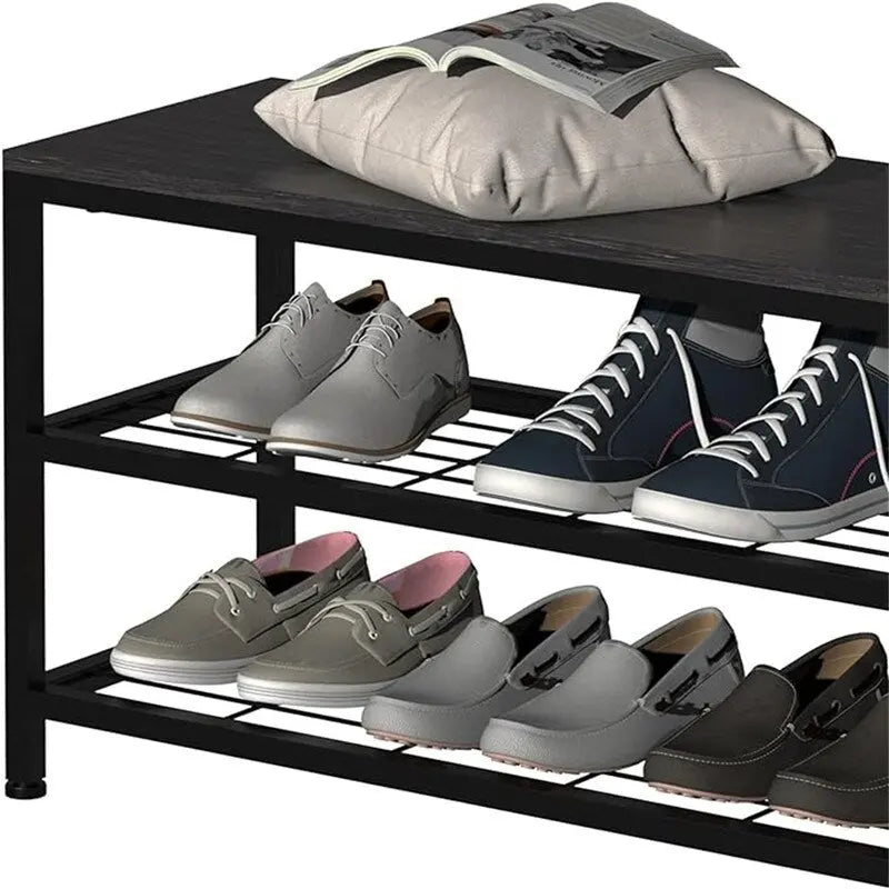 Banc à chaussures 3 niveaux avec 4 tiroirs noir charbon / marron rustique