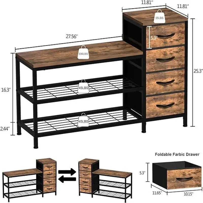 Banc à chaussures 3 niveaux avec 4 tiroirs noir charbon / marron rustique
