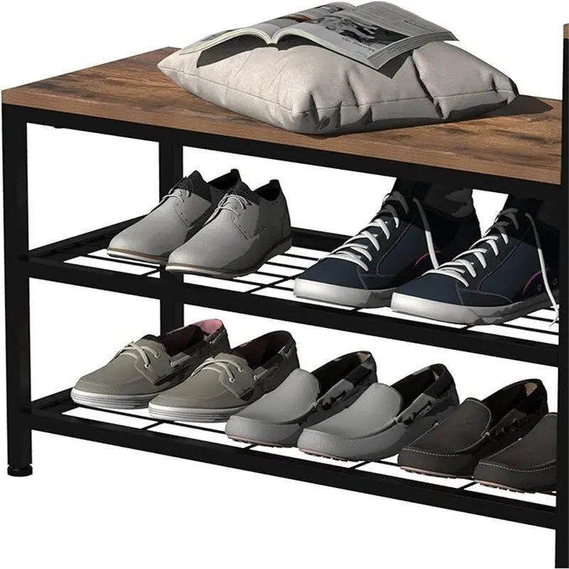 Banc à chaussures 3 niveaux avec 4 tiroirs noir charbon / marron rustique