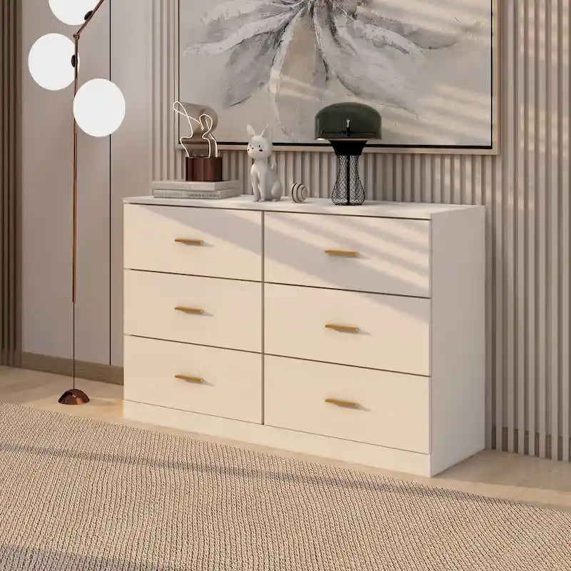 Commode blanche à 2 colonnes et 6 tiroirs avec poignées dorées