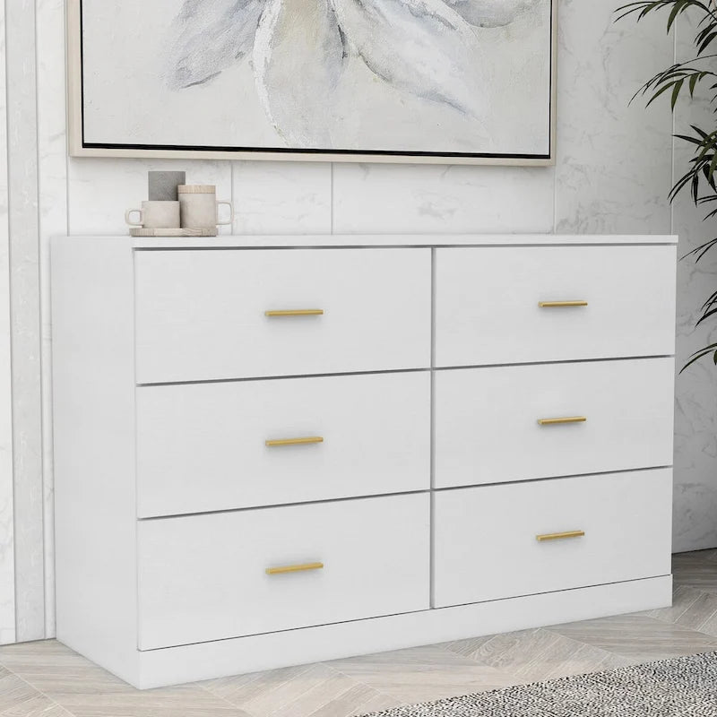 Commode blanche à 2 colonnes et 6 tiroirs avec poignées dorées