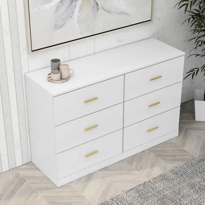 Commode blanche à 2 colonnes et 6 tiroirs avec poignées dorées