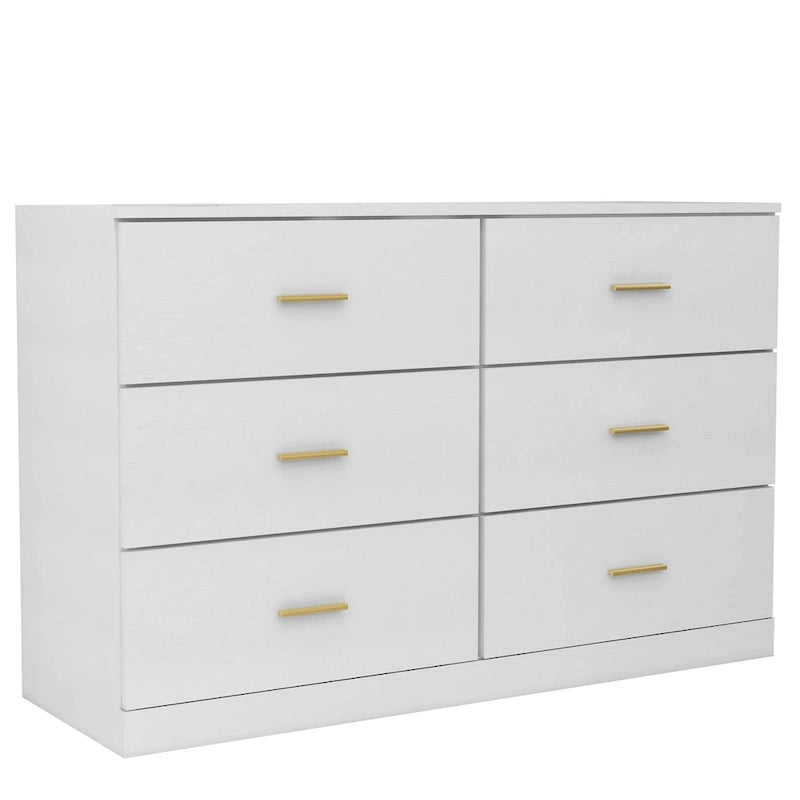 Commode blanche à 2 colonnes et 6 tiroirs avec poignées dorées