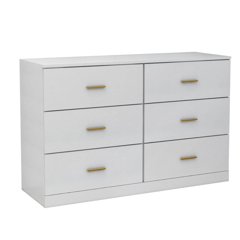 Commode blanche à 2 colonnes et 6 tiroirs avec poignées dorées