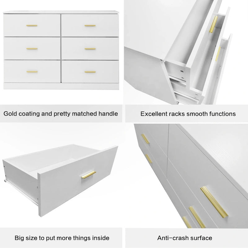 Commode blanche à 2 colonnes et 6 tiroirs avec poignées dorées
