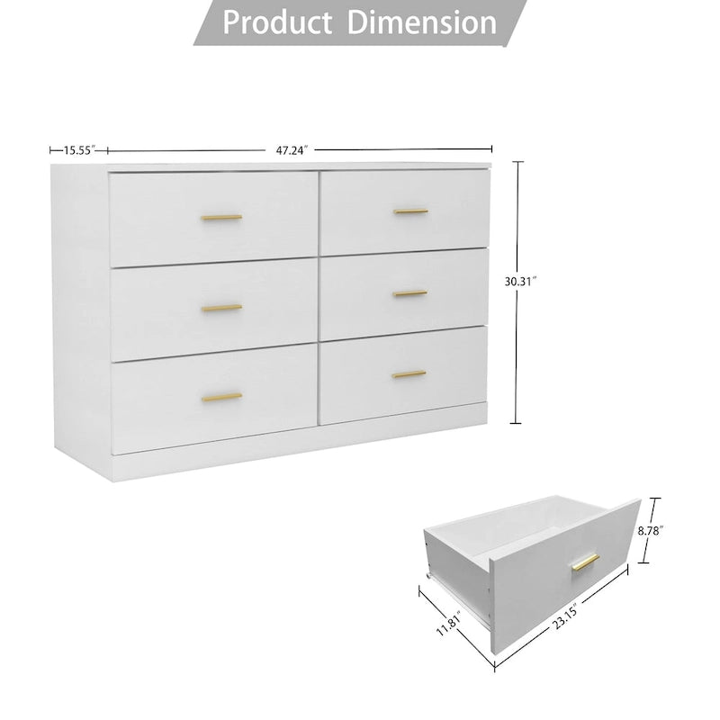 Commode blanche à 2 colonnes et 6 tiroirs avec poignées dorées