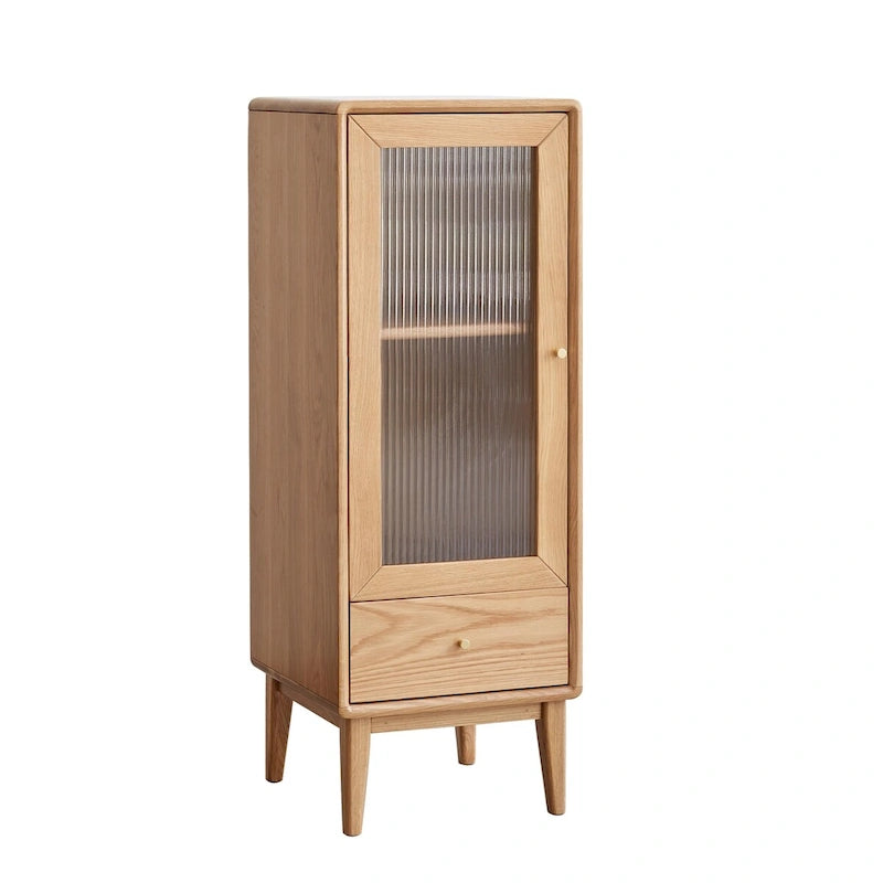 Armoire d'angle autoportante marron avec porte vitrée vintage, 2 étagères et 1 tiroir, simple