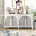 Buffet boho 4 portes blanc/gris/noir avec panneaux en rotin, 152 cm l.