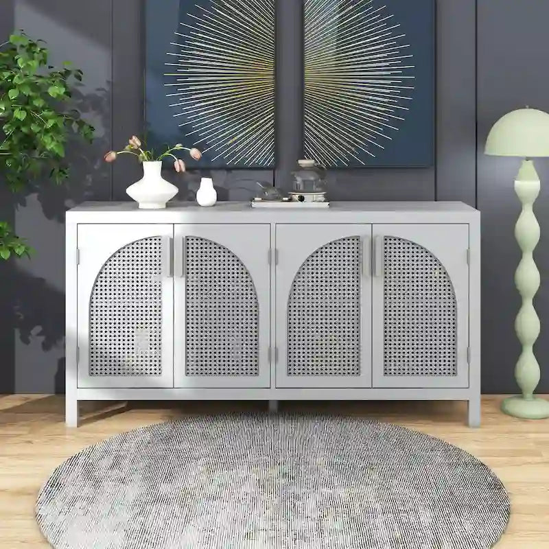 Buffet boho 4 portes blanc/gris/noir avec panneaux en rotin, 152 cm l.