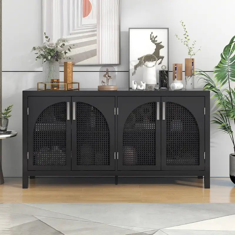 Buffet boho 4 portes blanc/gris/noir avec panneaux en rotin, 152 cm l.