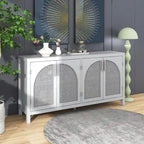 Buffet boho 4 portes blanc/gris/noir avec panneaux en rotin, 152 cm l.