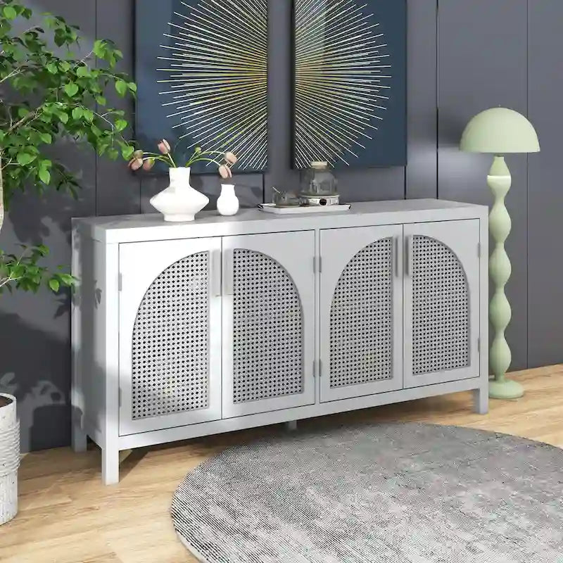 Buffet boho 4 portes blanc/gris/noir avec panneaux en rotin, 152 cm l.