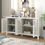 Buffet boho 4 portes blanc/gris/noir avec panneaux en rotin, 152 cm l.