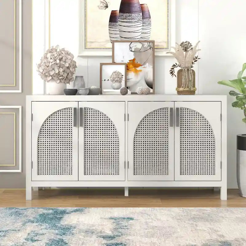 Buffet boho 4 portes blanc/gris/noir avec panneaux en rotin, 152 cm l.