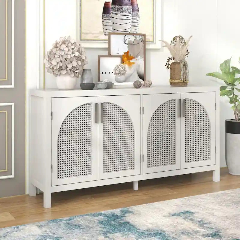 Buffet boho 4 portes blanc/gris/noir avec panneaux en rotin, 152 cm l.