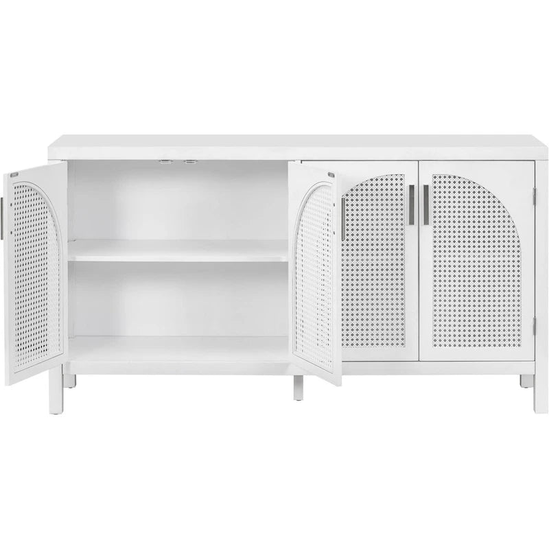 Buffet boho 4 portes blanc/gris/noir avec panneaux en rotin, 152 cm l.