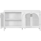 Buffet boho 4 portes blanc/gris/noir avec panneaux en rotin, 152 cm l.