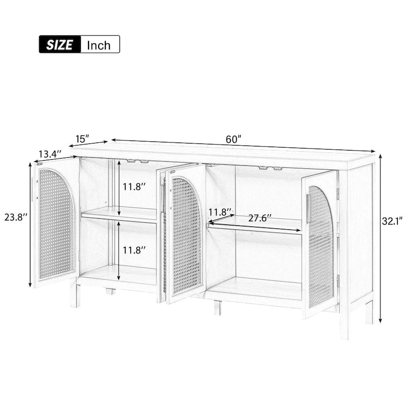 Buffet boho 4 portes blanc/gris/noir avec panneaux en rotin, 152 cm l.