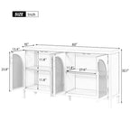 Buffet boho 4 portes blanc/gris/noir avec panneaux en rotin, 152 cm l.