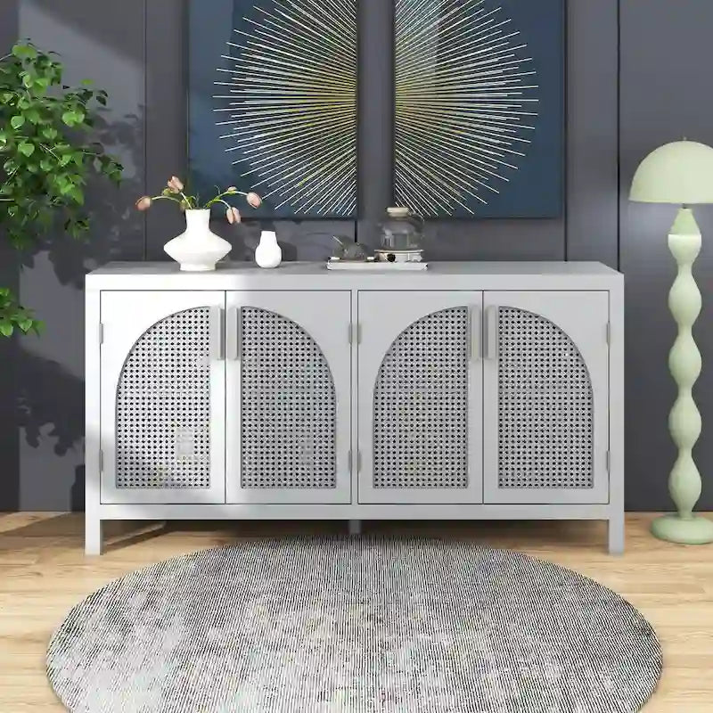 Buffet boho 4 portes blanc/gris/noir avec panneaux en rotin, 152 cm l.