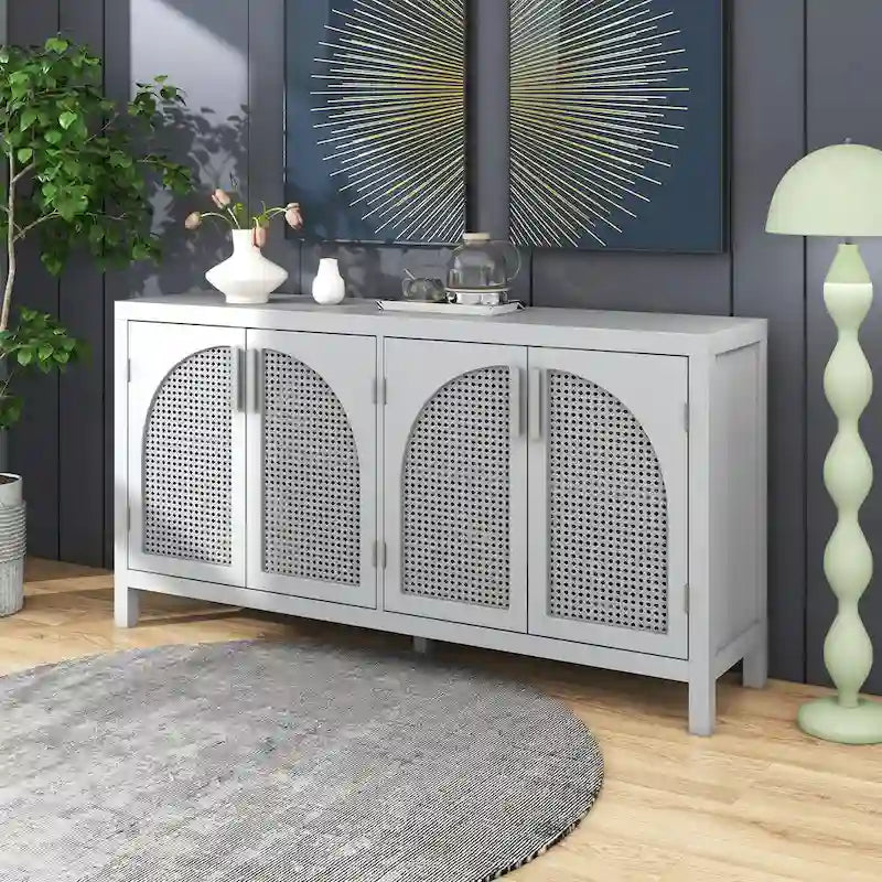 Buffet boho 4 portes blanc/gris/noir avec panneaux en rotin, 152 cm l.