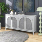 Buffet boho 4 portes blanc/gris/noir avec panneaux en rotin, 152 cm l.