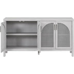 Buffet boho 4 portes blanc/gris/noir avec panneaux en rotin, 152 cm l.