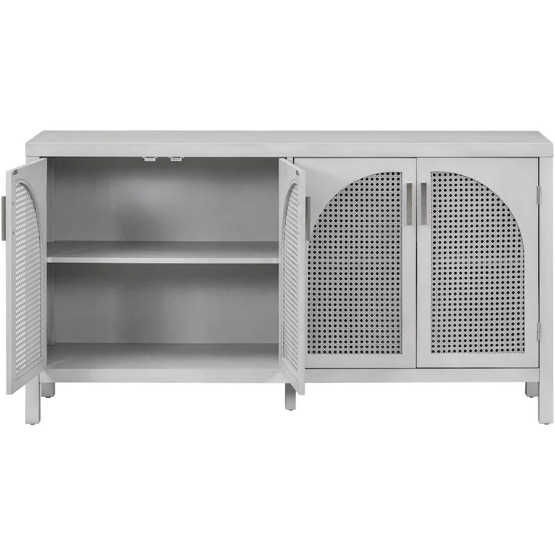 Buffet boho 4 portes blanc/gris/noir avec panneaux en rotin, 152 cm l.