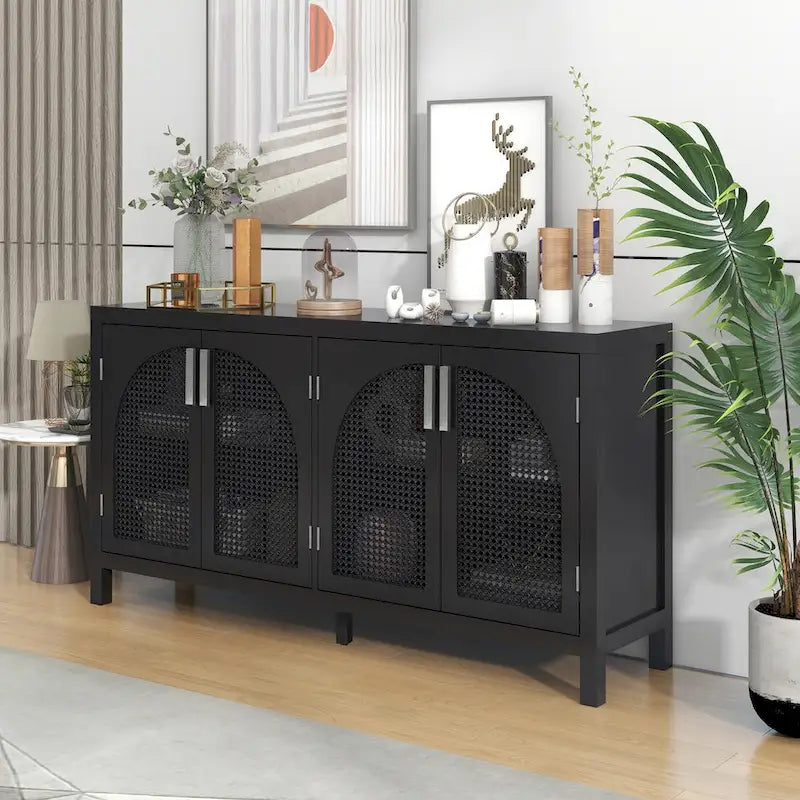 Buffet boho 4 portes blanc/gris/noir avec panneaux en rotin, 152 cm l.