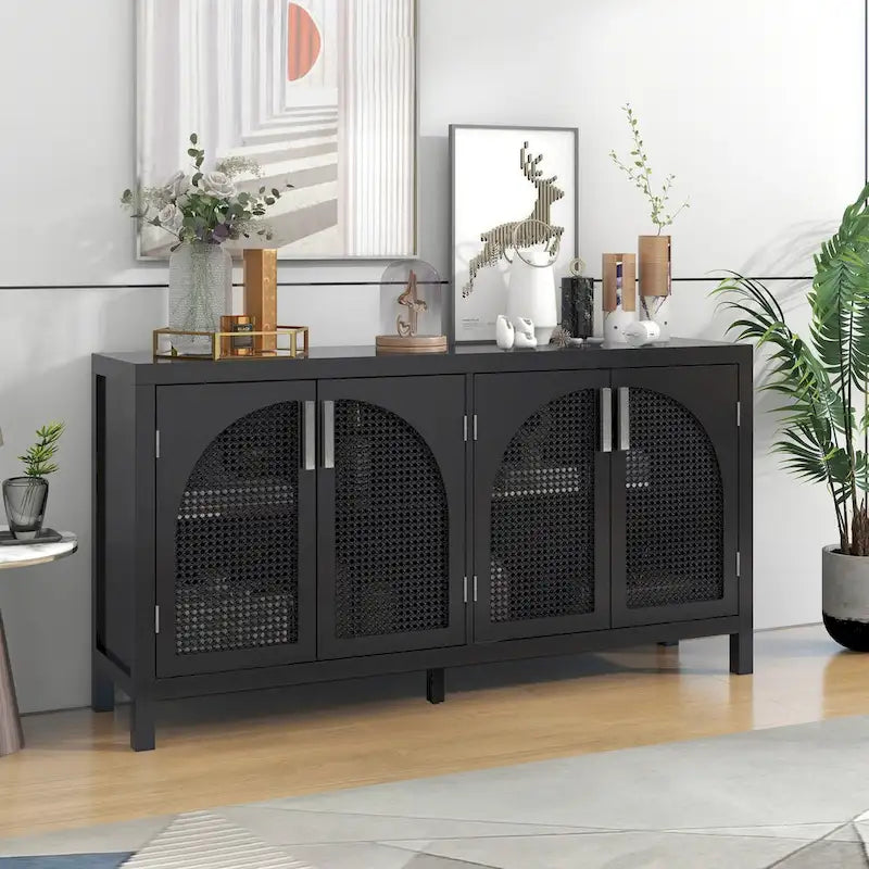 Buffet boho 4 portes blanc/gris/noir avec panneaux en rotin, 152 cm l.