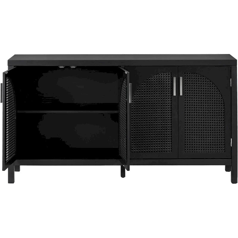 Buffet boho 4 portes blanc/gris/noir avec panneaux en rotin, 152 cm l.