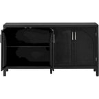 Buffet boho 4 portes blanc/gris/noir avec panneaux en rotin, 152 cm l.