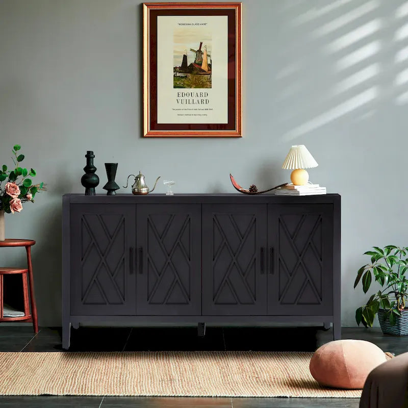 Buffet 4 portes noir, style rustique, finition bois