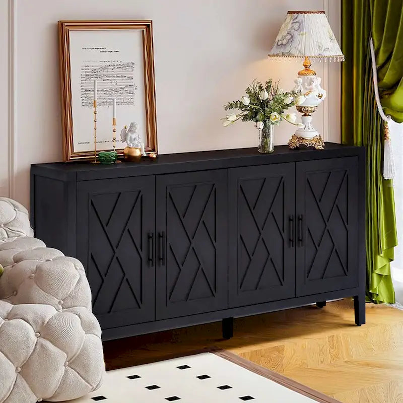 Buffet 4 portes noir, style rustique, finition bois