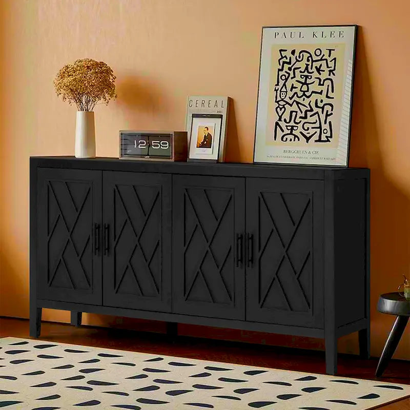 Buffet 4 portes noir, style rustique, finition bois
