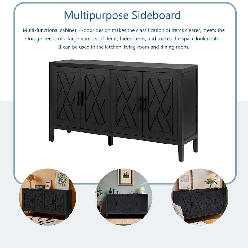 Buffet 4 portes noir, style rustique, finition bois