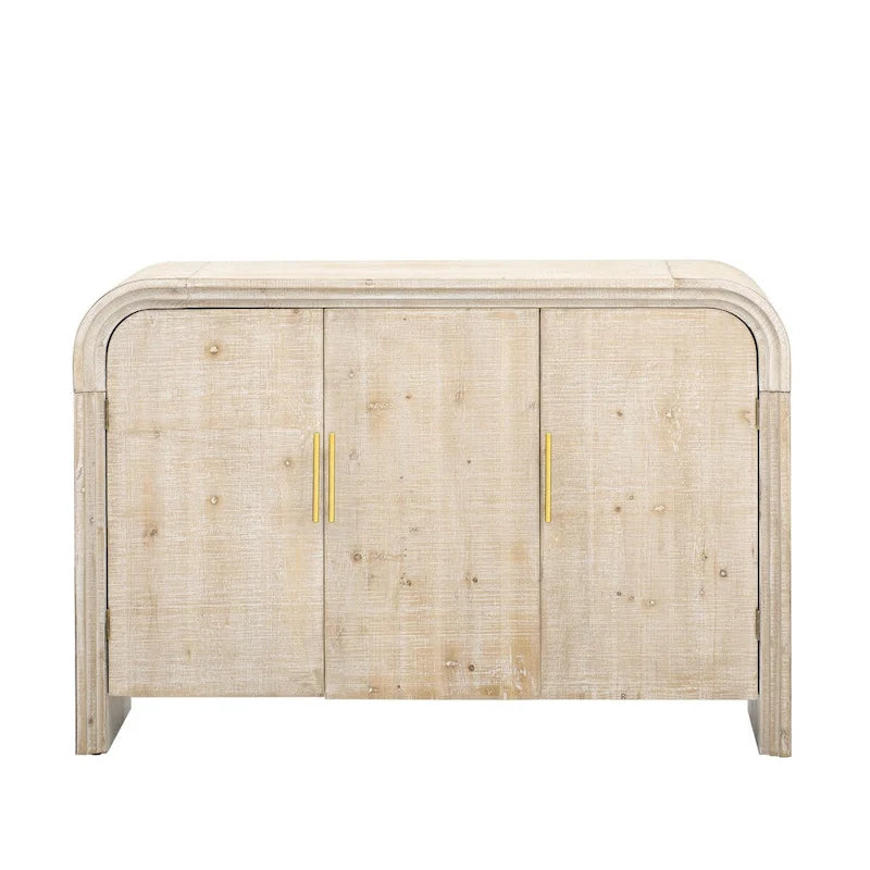 Buffet incurvé à 3 portes avec poignées dorées en bois naturel vieilli/noir antique