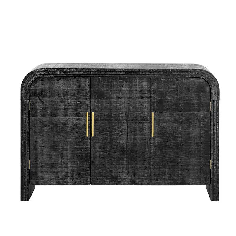 Buffet incurvé à 3 portes avec poignées dorées en bois naturel vieilli/noir antique
