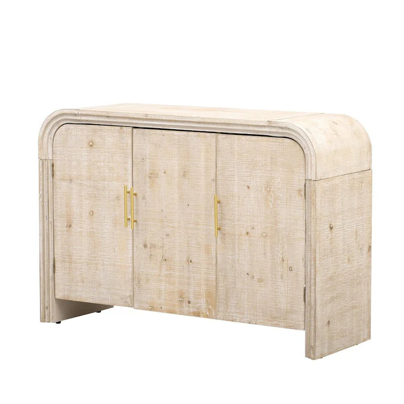 Buffet incurvé à 3 portes avec poignées dorées en bois naturel vieilli/noir antique