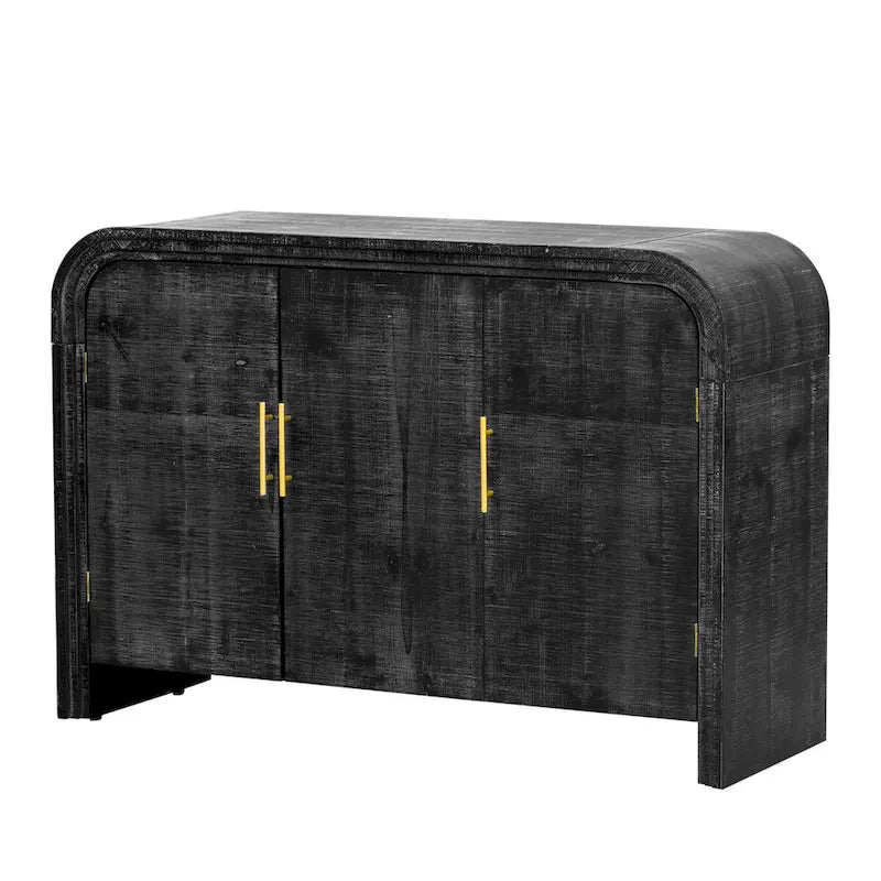 Buffet incurvé à 3 portes avec poignées dorées en bois naturel vieilli/noir antique