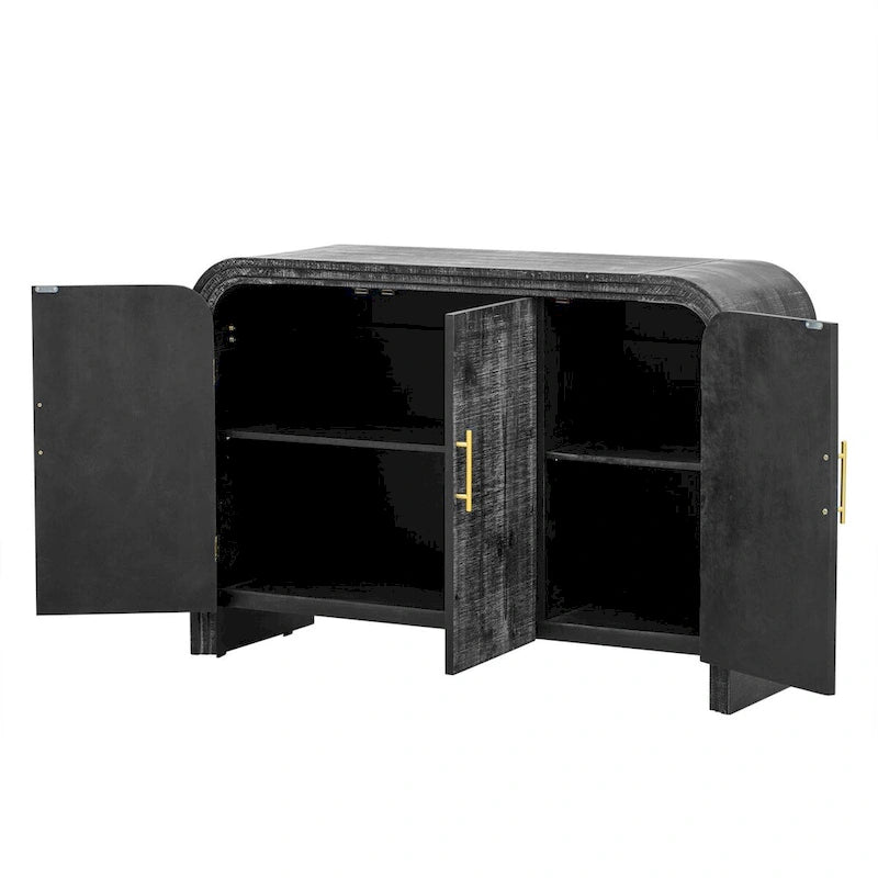 Buffet incurvé à 3 portes avec poignées dorées en bois naturel vieilli/noir antique