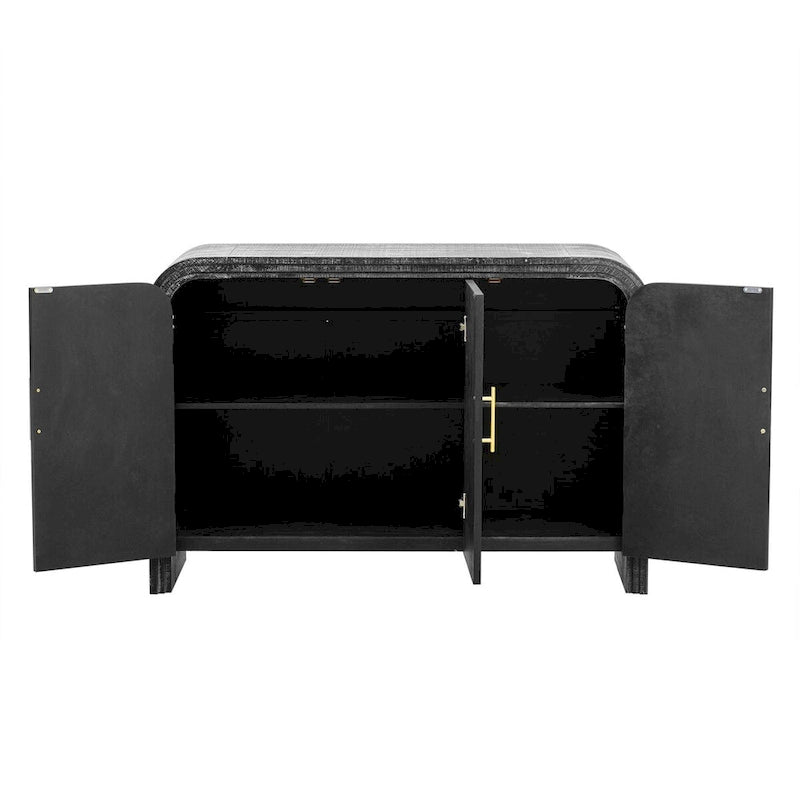 Buffet incurvé à 3 portes avec poignées dorées en bois naturel vieilli/noir antique