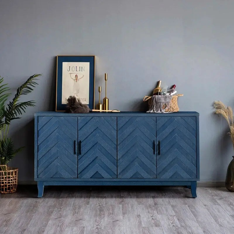 Buffet vintage 4 portes bleu marine antique / gris foncé