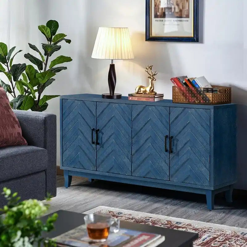 Buffet vintage 4 portes bleu marine antique / gris foncé