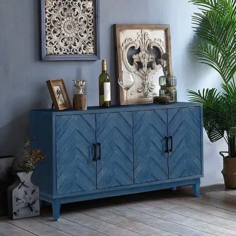 Buffet vintage 4 portes bleu marine antique / gris foncé