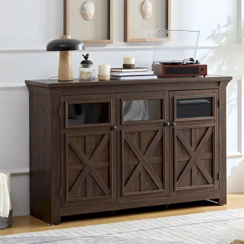 Meuble de rangement 3 portes gris/espresso avec panneaux en verre et poignées en métal